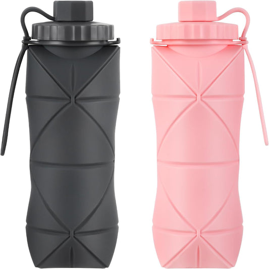 Silicone Collapsible Water Bottles,Lightweight Reusable Leakproof For Traveling Camping Hiking Cycling Sports Outdoor,Foldable Portable Travel Water Bottle 600ML Dark Grey And Pink 2Pack.