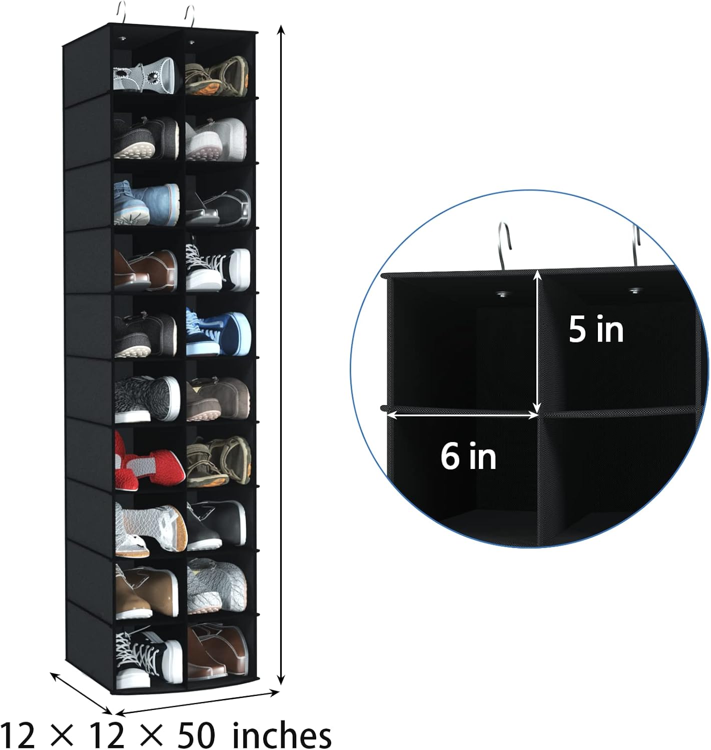 coastal rose Hanging Shoe Organizer for Closet, 20 Sections Hanging Closet Organizers and Storage Shelves, Space Saving Hanging Shoe Rack, Black, 12''W×12''Dx 50''H