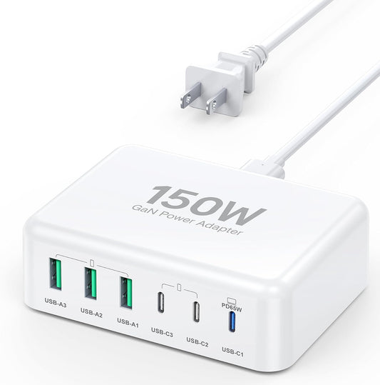 USB C Fast Charger Block, 150W 6 Port Desktop PD GaN Fast Charger Charging Station Block 65W USB C Laptop Power Adapter for MacBook Pro/Air iPad iPhone 16 15 14 13 12 Pro Max Galaxy S23 Note 20 Pixel