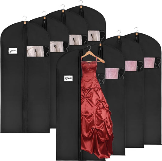 Syeeiex 60'' Garment Bags for Hanging Clothes, Set of 8 Dress Bags for Gowns, Dress Garment Bags for Gowns, Evening Dresses, Fur Coat, Long Dress(Black)