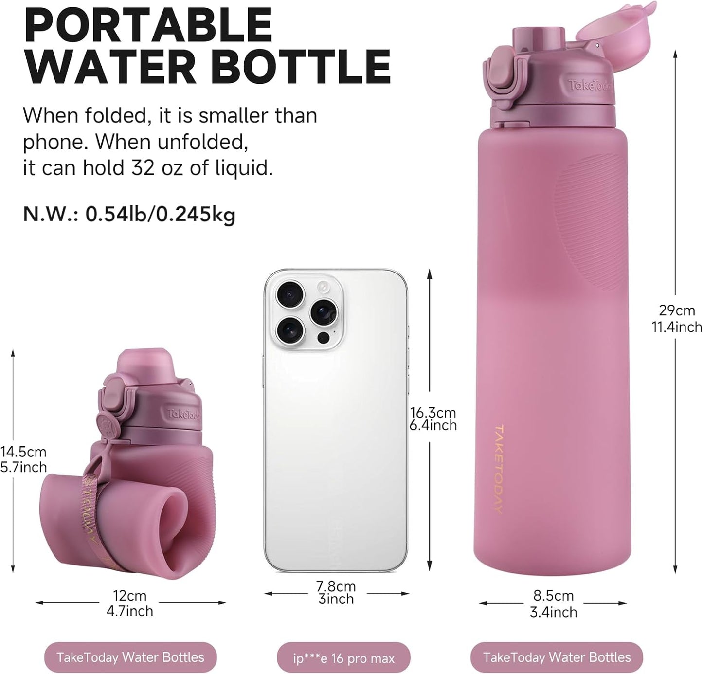 TakeToday Collapsible Water Bottles 32oz, Foldable Travel Water Bottle, BPA Free, Silicone Water Bottle Leakproof for Hiking, International Travel, Outdoors