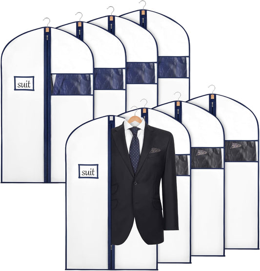 Syeeiex 40" Suit Bag(Set of 8), Garment Bags for Hanging Clothes, Suit Bags for Closet Storage, Garment Bags for Suits, T-shirts, Jackets, Coats, Business Wear(White & Dark Blue)