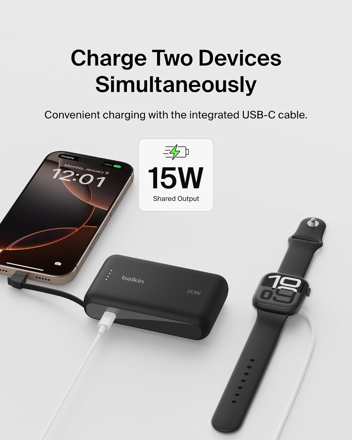 Belkin Portable Charger, Power Bank 10000 mAh with Integrated Cable - 20W Fast Charge USB-C Power Delivery, iPhone Charger - Apple iPhone 16 Series, iPad Pro, Samsung Galaxy S25, & More - Black