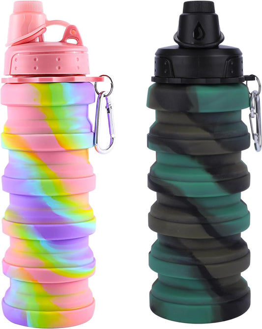 Collapsible Water Bottle for Adults, Boys, Students, Kids, Reusable Silicone Foldable Water Bottles for Travel Camping Hiking Sports,Leak-Proof Portable Sports Water Bottle (Pink & Camouflage)