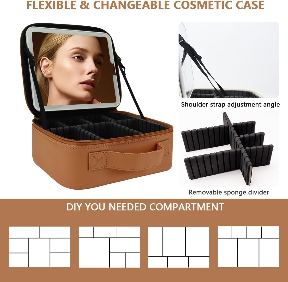 Travel Makeup Bag for Women and Makeup Artists Cosmetic Organizer Large Makeup Case,Travel Makeup Bag with Mirror 3 Color Setting,Portable Storage and Adjustable Dividers(CARAMEL COLOR)