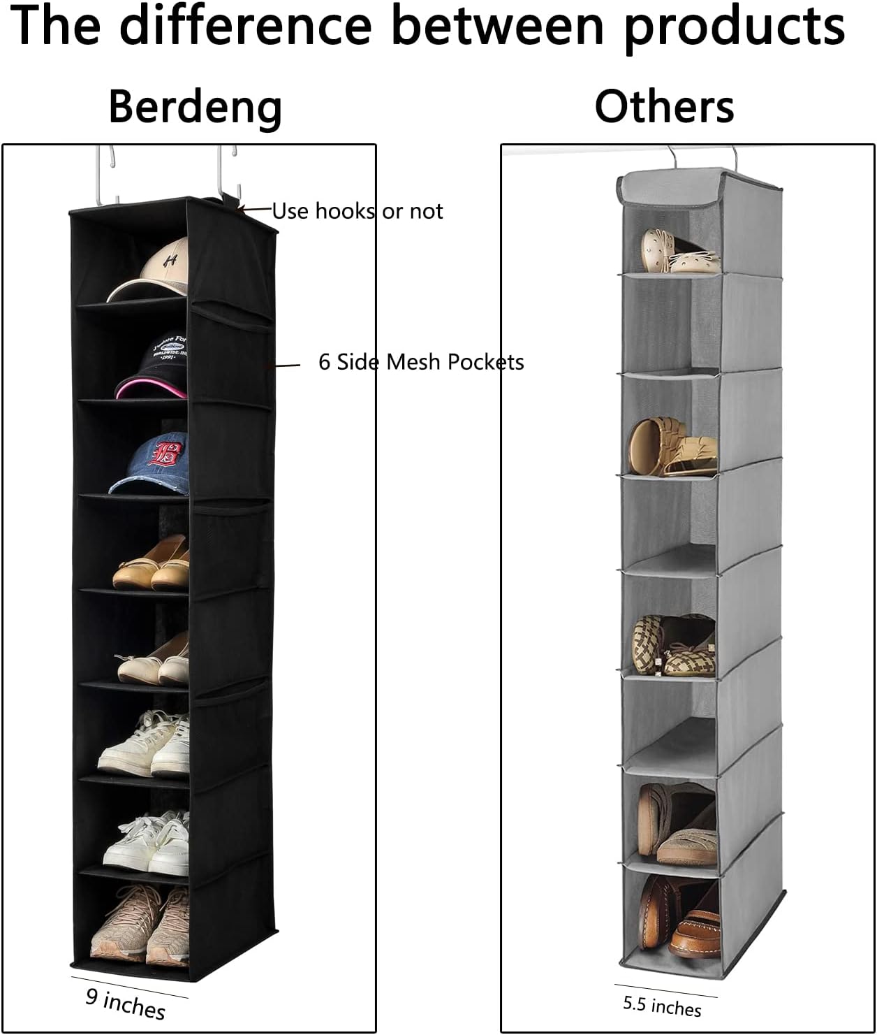 Hanging Shoe Organizer for Closet with Side Mesh Pockets，Hat Racks for Baseball Caps，Shoe and Hat Holder & Storage，8-Shelf，Black，2 Pack
