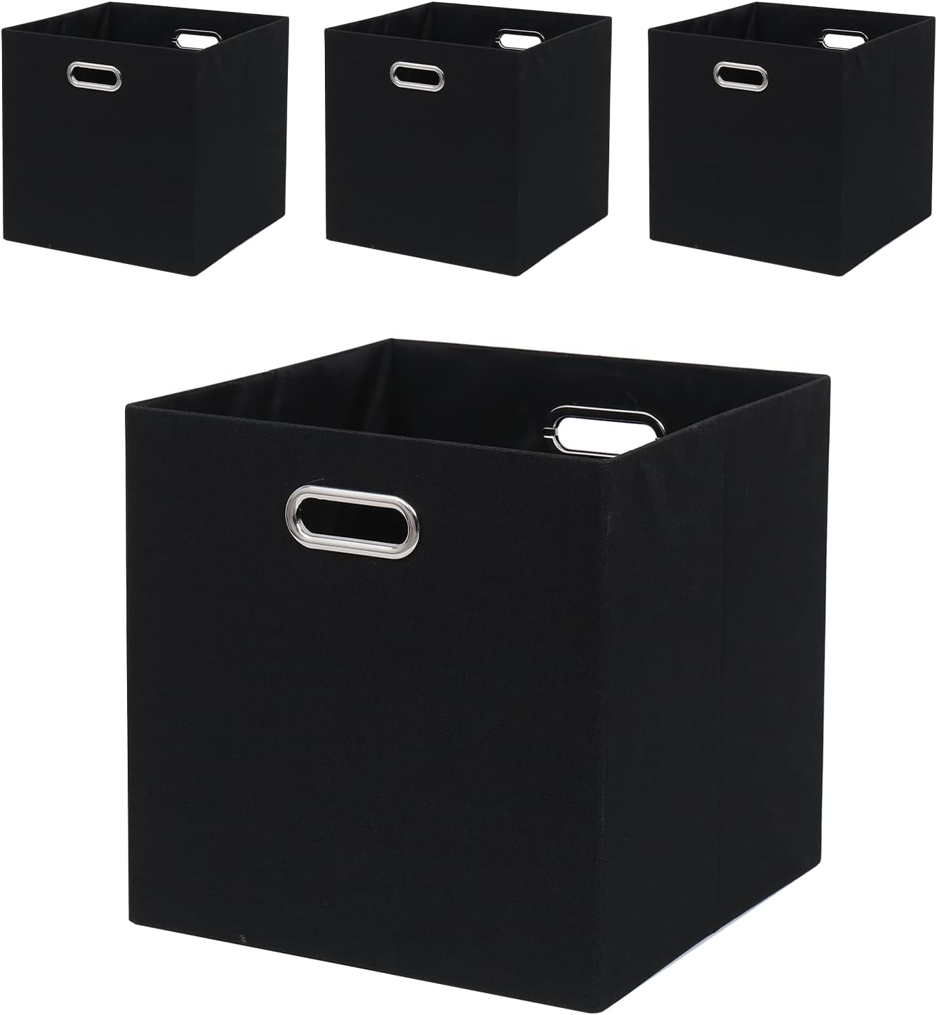Collapsible Organization Basket Fabric Foldable Box with Handles, 13x13 Cube Storage Bins Set of 4, Thick and Heavy Duty Storage Baskets for Shelves Bedroom Livingroom,Black
