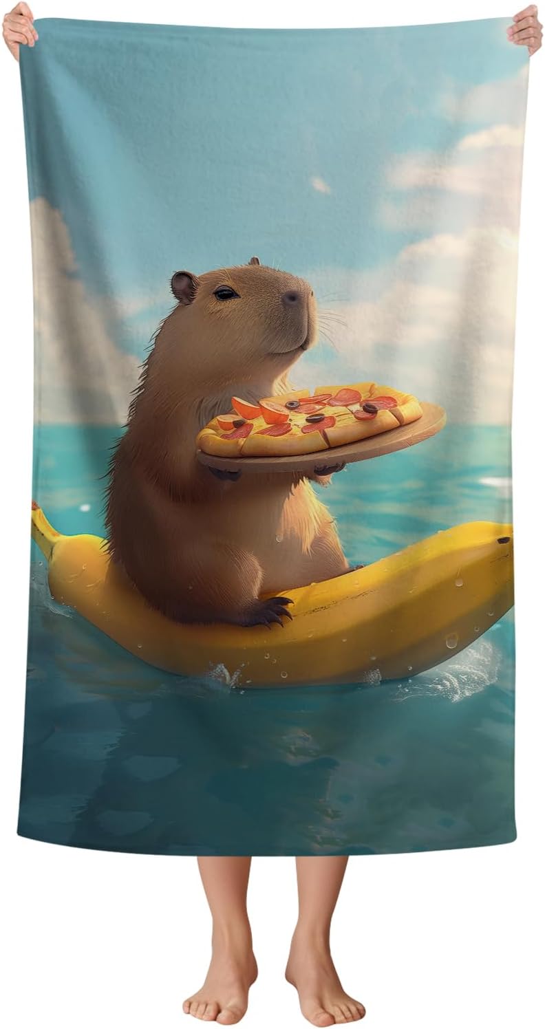 WZOMT Cute Capybara Beach Towel, Capybaras Gifts for Capybaras Lovers, Funny Capybara Eating Pizza On A Banana Boat Print Bath Towels, Soft Quick Dry Swim/Surf/Pool Towel Oversized 32x52 Inch