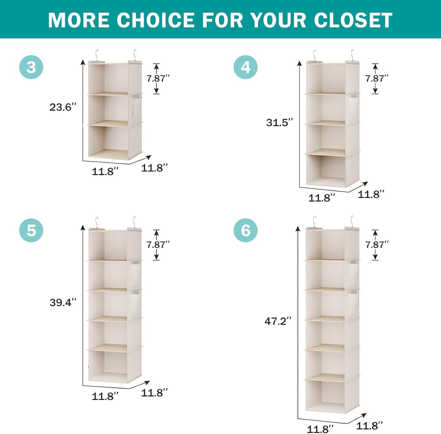YOUDENOVA Hanging Closet Organizer, 5-Shelf Closet Hanging Storage Shelves, Beige