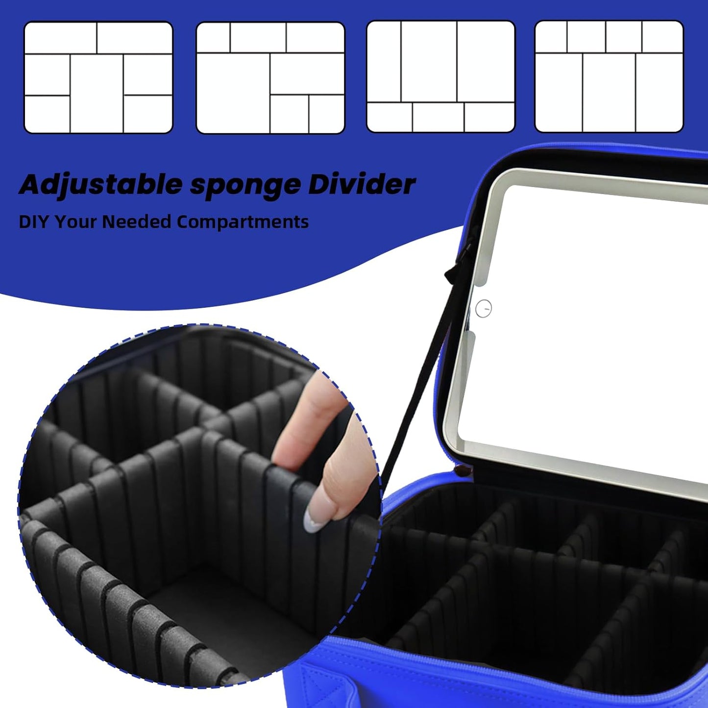 Travel Makeup Bag with LED Mirror and Light Makeup Travel Bag Organizer Portable Cosmetic Brush Organizer Bag with Adjustable Dividers for Cosmetics Makeup Brushes Toiletry (Dark Blue)