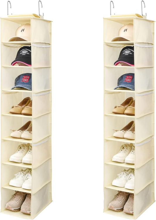 Hanging Shoe Organizer for Closet with Side Mesh Pockets，Hat Racks for Baseball Caps，Shoe and Hat Holder & Storage，8-Shelf，Beige，2 Pack