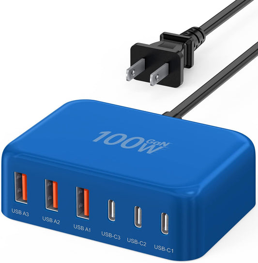 USB C Fast Charger 100W GaN 6 Port Type USB C Charging Station Hub Block Wall Charger Power Strip Adapter Plug Cube Brick 3 USB A for iPad iPhone16 15 14 13 12 11 Pro Max Pixel Note Galaxy