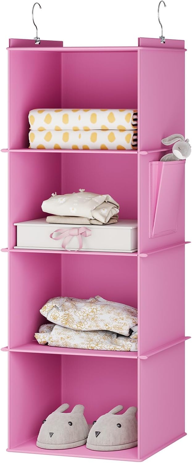 YOUDENOVA Hanging Closet Organizer, 4-Shelf Closet Hanging Storage Shelves, Light Pink