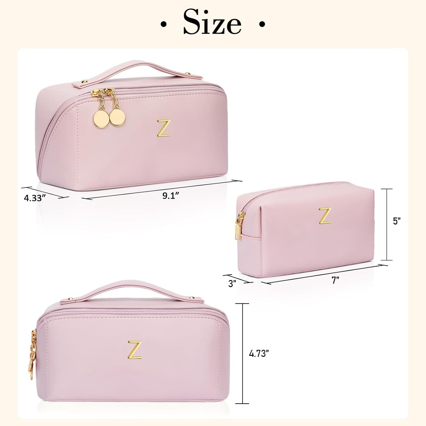 Birthday Gifts for Women Teen Girl, Personalized Initial Makeup Organizer Bag Set, Open Flat Travel Cosmetic Bag With Clear Divider and Handle(Pink,Z)