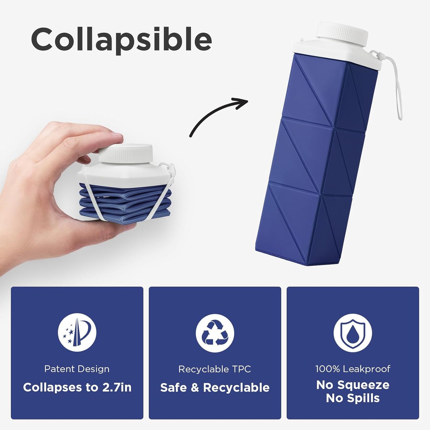 POMKAKA Collapsible Water Bottles 24.3oz(720ml), 2nd Generation Leakproof BPA-Free Travel Water Bottle,Lightweight Reusable Water bottle for Cycling Gym Camping Sports, Deep Ocean Blue