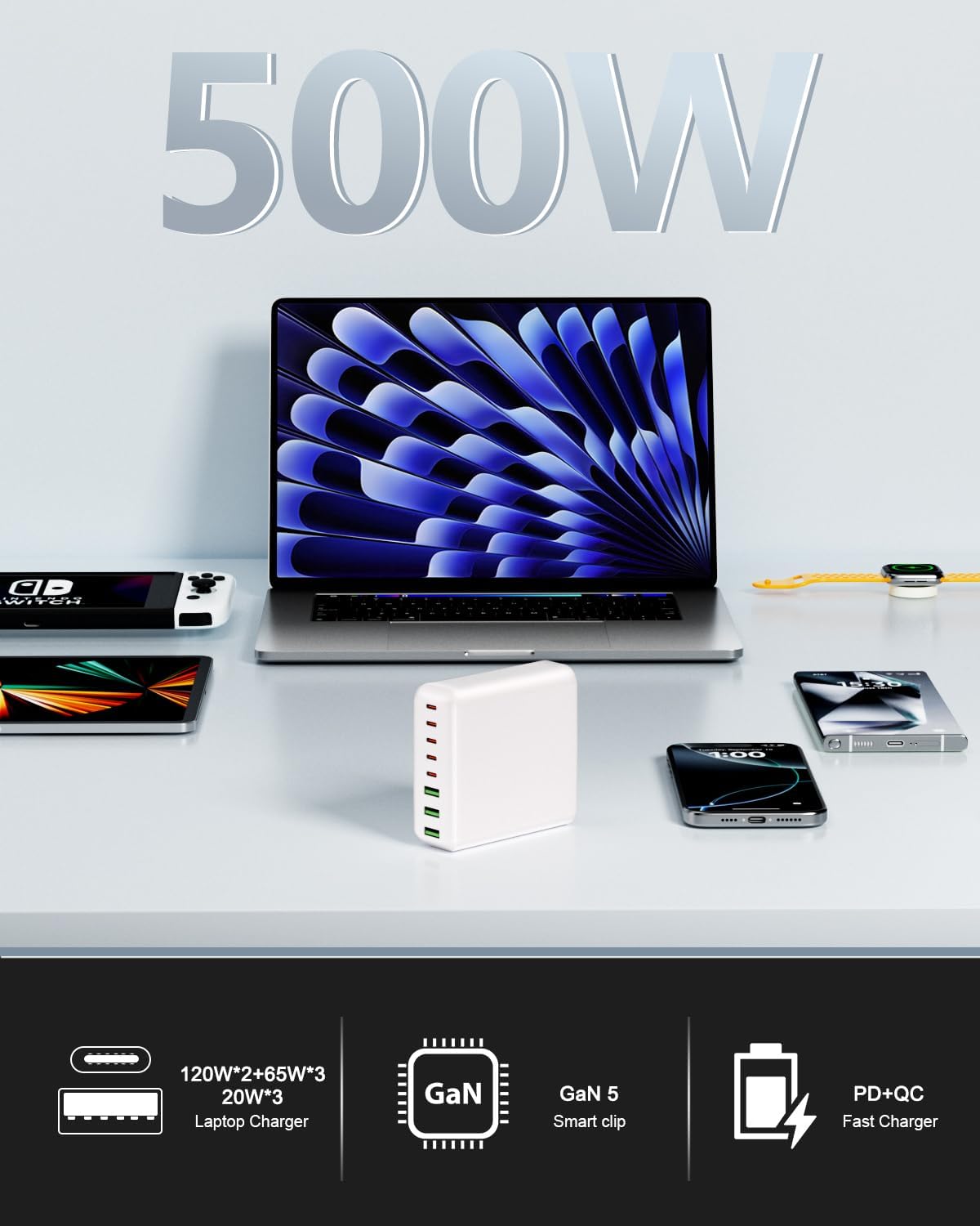 500W USB C Charger Block, 8-Port USB C Charging Station Fast Charging PD 120W PC Laptop Charger Adapter Compatible with MacBook Pro/Air/All iPad,DELL, iPhone 16/15/14/13/Pro Max/Galaxy