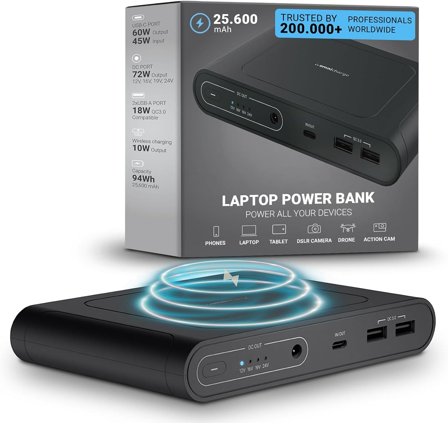 Omni Mobile 25600mah 25600 Laptop Power Bank, Universal Charger for All Devices, Fast Charging DC, USB-C & QC 3.0 Ports, Wireless Charging, Travel-Friendly Power Solution