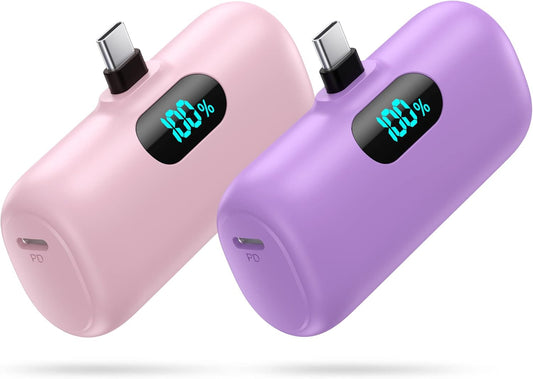 [2-Pack] Mini Portable Charger 5000mAh Power Bank,3A PD USB C Cell Phone Portable Power, LCD Display Battery Pack Compatible with iPhone 16/15/15 plus/15 pro/15 pro Max/Android/Samsung/Moto/LG etc