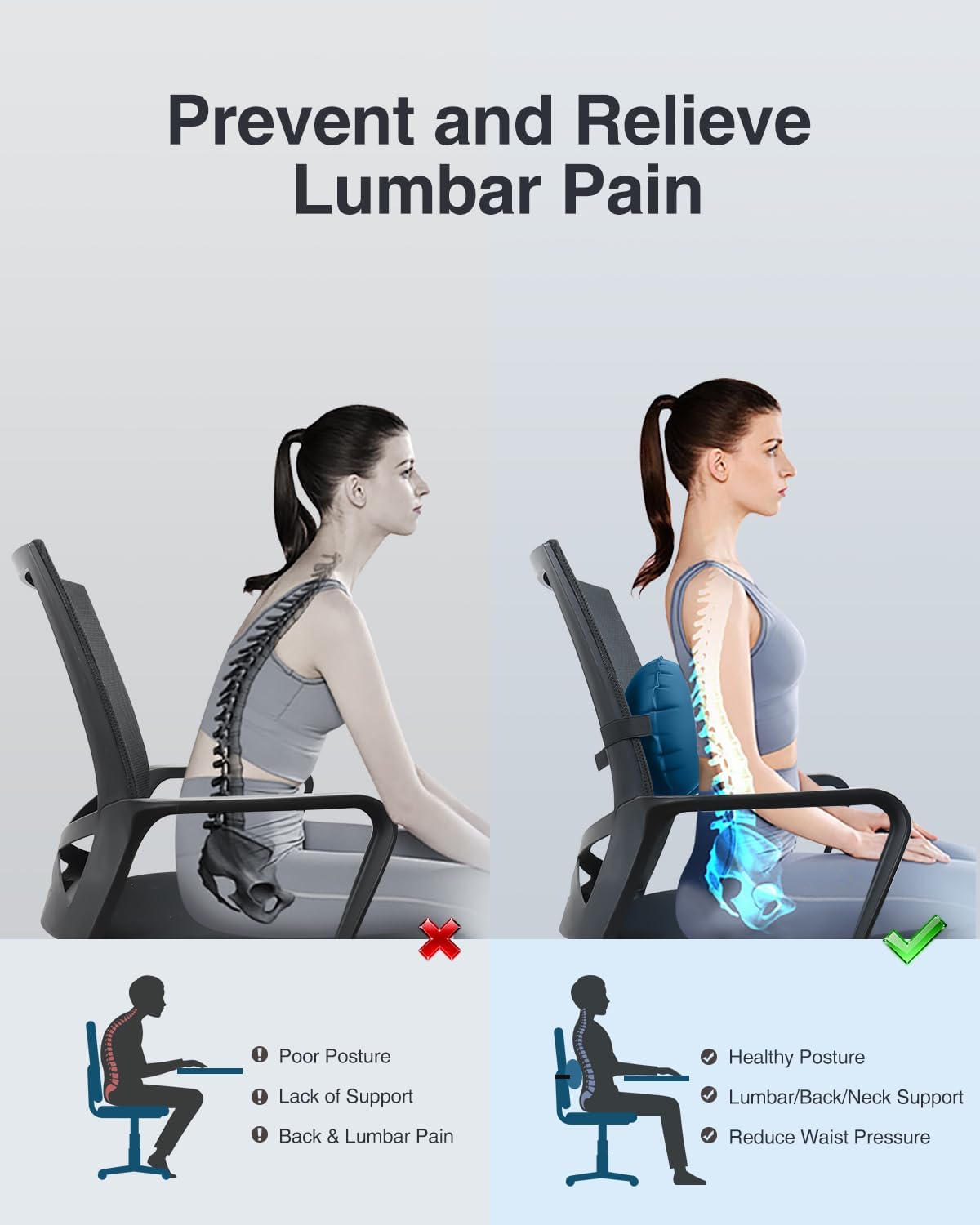 Luxtude Inflatable Lumbar Pillow for Airplane Travel, Lumbar Support Pillow for Office Chair/Car, Self-Inflating Travel Lumbar Pillow Back Support, Lower Back Pillow for Reducing Lumbar Pain