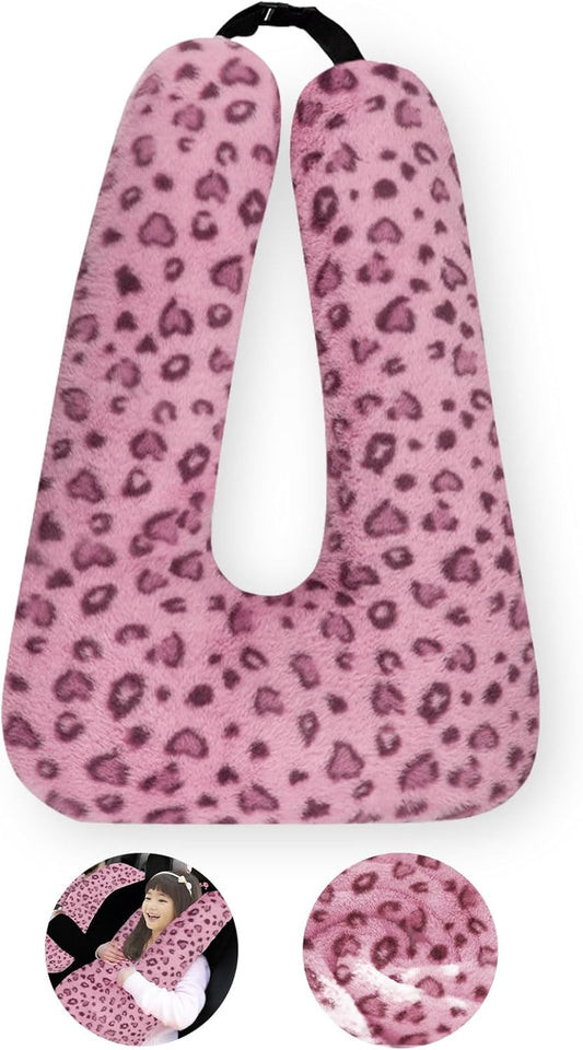 Travel Pillow, Travel Pillow for Kids, Sleeper Hold Pillow Travel, Removable U-Shaped Pillow for Adults and Children to Support Head and Body in The Back Seat of Long Car Trips (Pink Leopard Print)