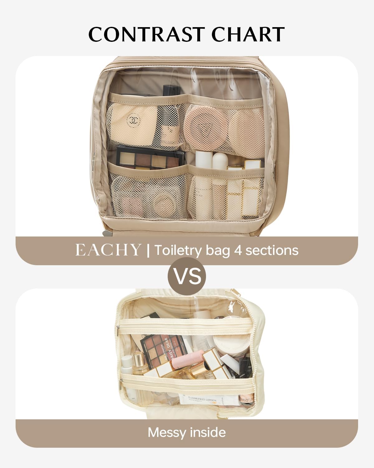 EACHY Hanging Toiletry Bag, Satin 4 Compartments Travel Toiletry Bags for Women, Large Capacity Make Up Organizer Bag with Handle & Compartments (Camel, L)