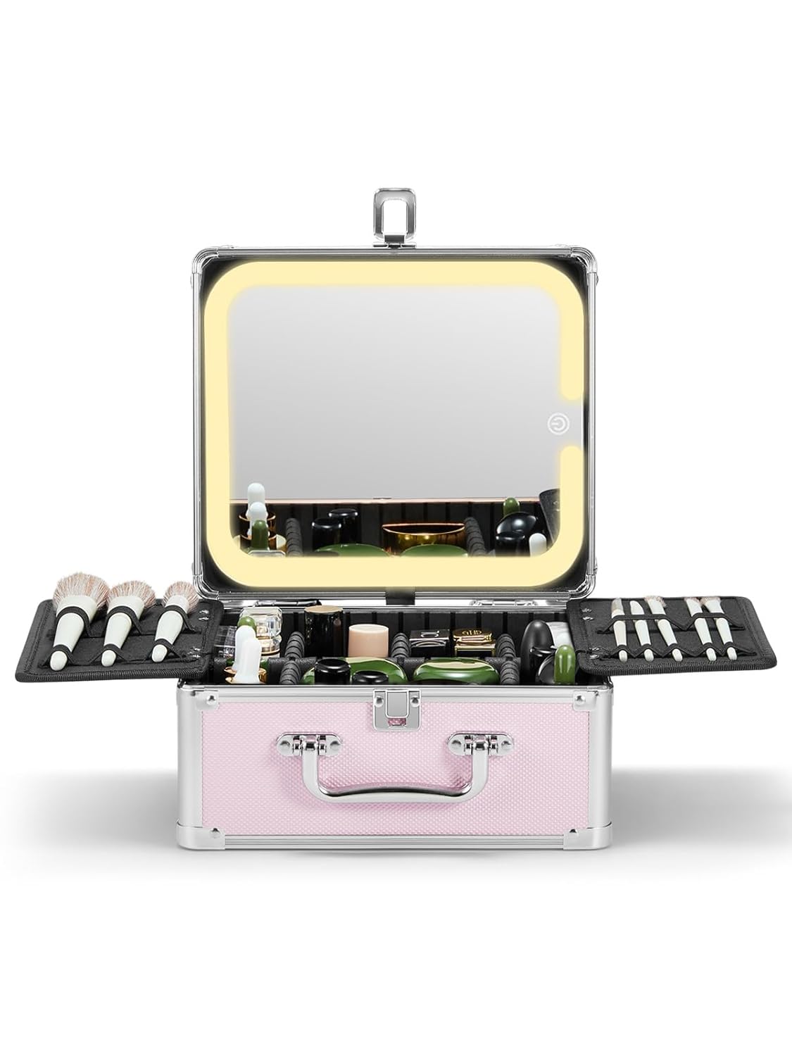 Qislee Makeup Box with A Detachable Lighted Mirror, Waterproof Travel Train Case, Cosmetic Organizer and Makeup Suitcase with Adjustable Dividers, Magnetic LED Mirror(Icy Pink)