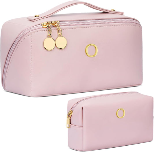 Birthday Gifts for Women Teen Girl, Personalized Initial Makeup Organizer Bag Set, Open Flat Travel Cosmetic Bag With Clear Divider and Handle(Pink,O)