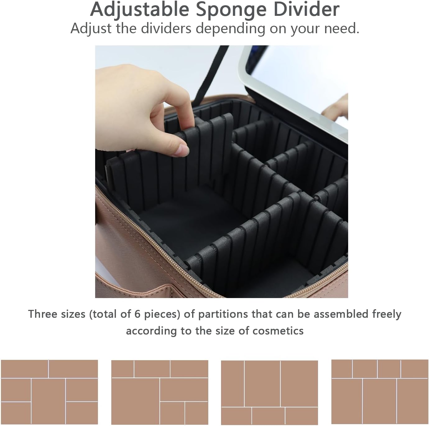 Makeup Bag with Led Mirror,Travel Makeup Organizer with 3 Color Setting & 10X Magnifying Mirror, Portable Storage and Adjustable Dividers Travel Makeup Bag-khaki