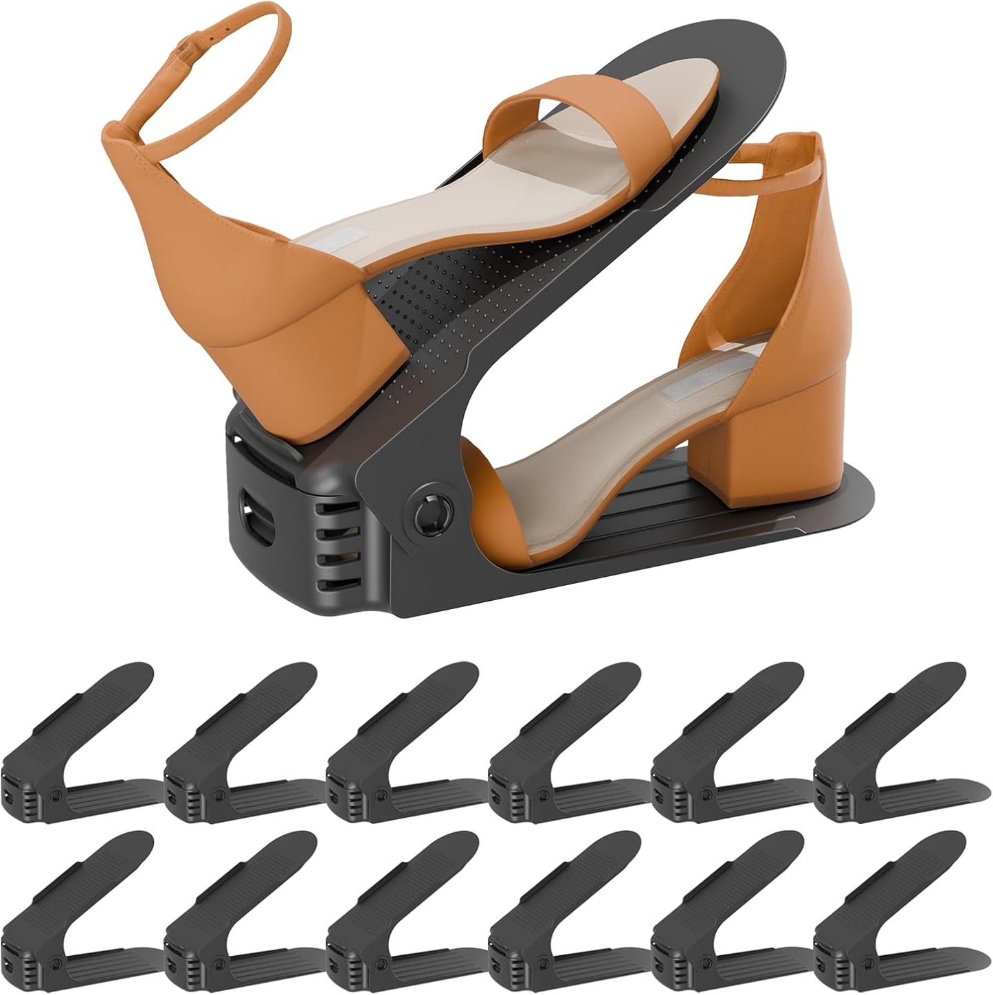 Shoe Slots Organizer, 12PCS Adjustable Double Layer Stack Shoe Rack, 50% Space-Saving Storage Rack Holder, Black