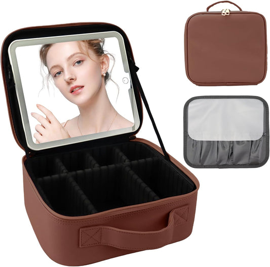 Travel Makeup Bag with LED Mirror and Light Travel Makeup Case Cosmetic Organizer Portable Cosmetic Brush Organizer Bag with Adjustable Dividers for Cosmetics Makeup Brushes Toiletry(Dark Brown)