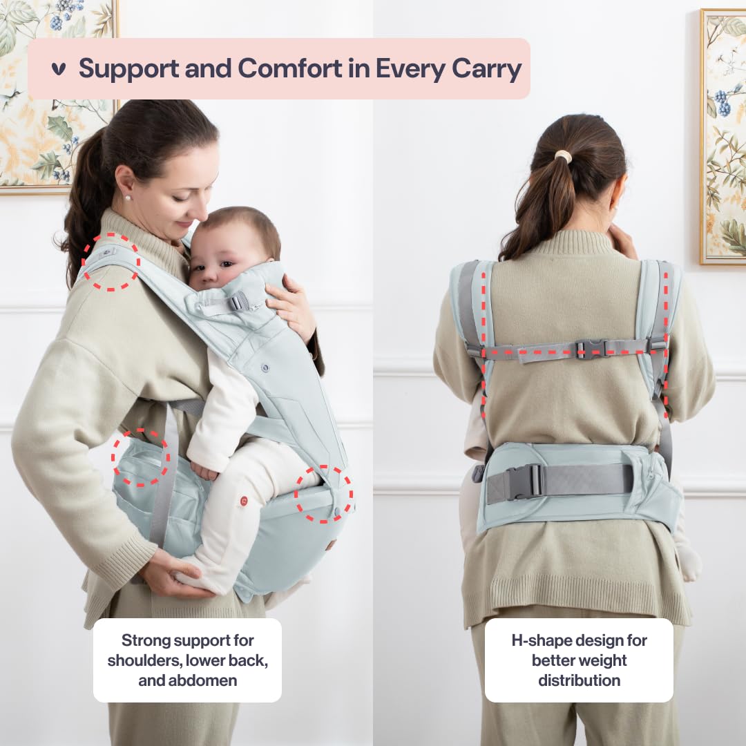 BabbleRoo Grow Carrier – 6-in-1 Baby Carrier with Hip Seat, Ergonomic, Cozy & Adjustable Toddler Carrier 7-50 lbs with Hip & Lumbar Support, Hood for Sun Protection, Newborn to Toddler, Seafoam