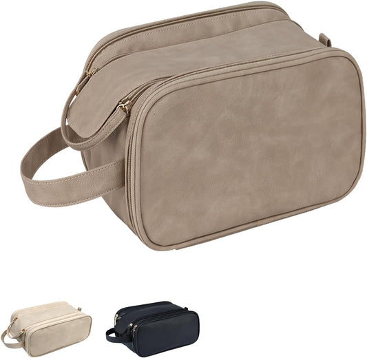 Travel Toiletry Bag for Women PU Leather Triple-layer Double Zipper Toiletry Bags,Waterproof with Handle Mens Toiletry Bag Stowable Brushes, Toiletries Makeup for Business Trips Camping Bathroom Brown