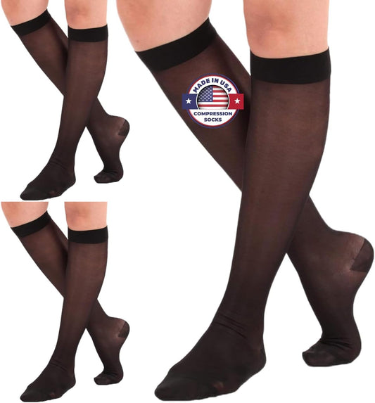 (3 Pairs - Closed Toe) Made in USA - Sheer Compression Stockings for Women 15-20mmHg - Womens Compression Socks for Circulation during Travel, Airplane, Sport, Athletic - Black, X-Large - A101BL4-3