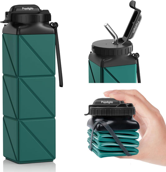 Collapsible Water Bottles 20.6oz Foldable Water Bottle BPA Free Reusable Lightweight LeakProof Travel Silicone Water Bottles for Travel Gym Hiking Camping (Upgrade Dark Green)