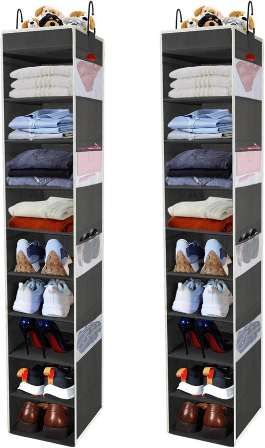 2 Pack Large-Sized Hanging Shoe Organizer 10-Shelf, Sturdy Hanging Closet Organizer with 8 Side Pockets, Wider Hanging Shelves for Storage Shoes Clothes Jeans Shirts Toys, Black