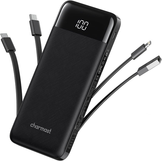 charmast Portable Charger with Built in Cables, Power Bank with Cords Wires, Slim 10000mAh Travel Battery Pack 6 Outputs 3 Inputs 3A Fast Charging for Samsung Google Pixel LG Moto iPhone iPad