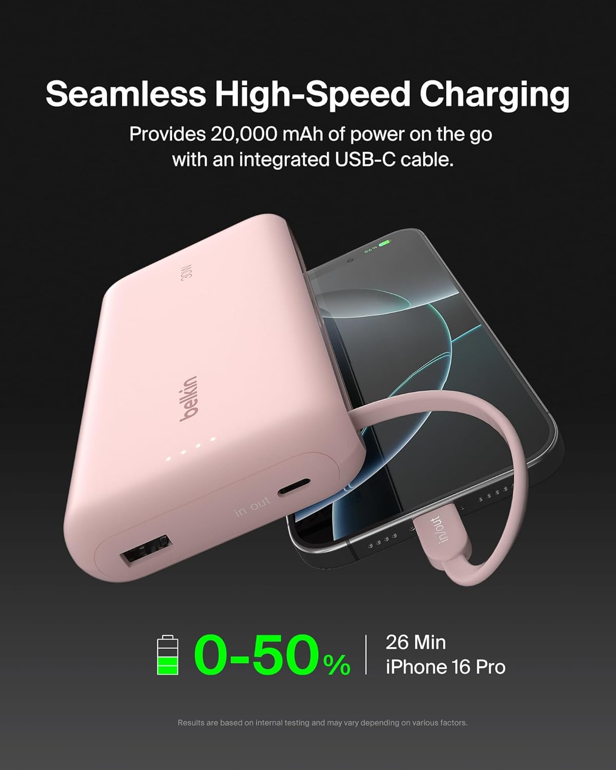 Belkin Portable Charger, Power Bank with Integrated Cable 20000 mAh 30W - Fast Charging USB C Power Delivery, iPhone Charger - iPhone 16 Series, iPad Pro, Galaxy S25 Series, & More - Pink