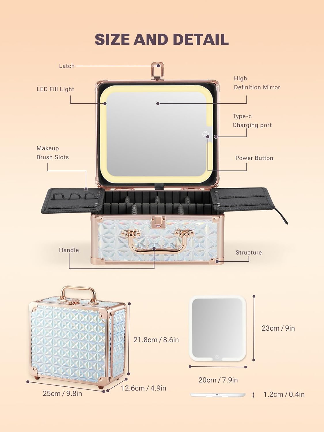 Qislee Makeup Box with A Detachable Lighted Mirror, Waterproof Travel Train Case, Cosmetic Organizer and Makeup Suitcase with Adjustable Dividers, Magnetic LED Mirror(Sparkling Blue)