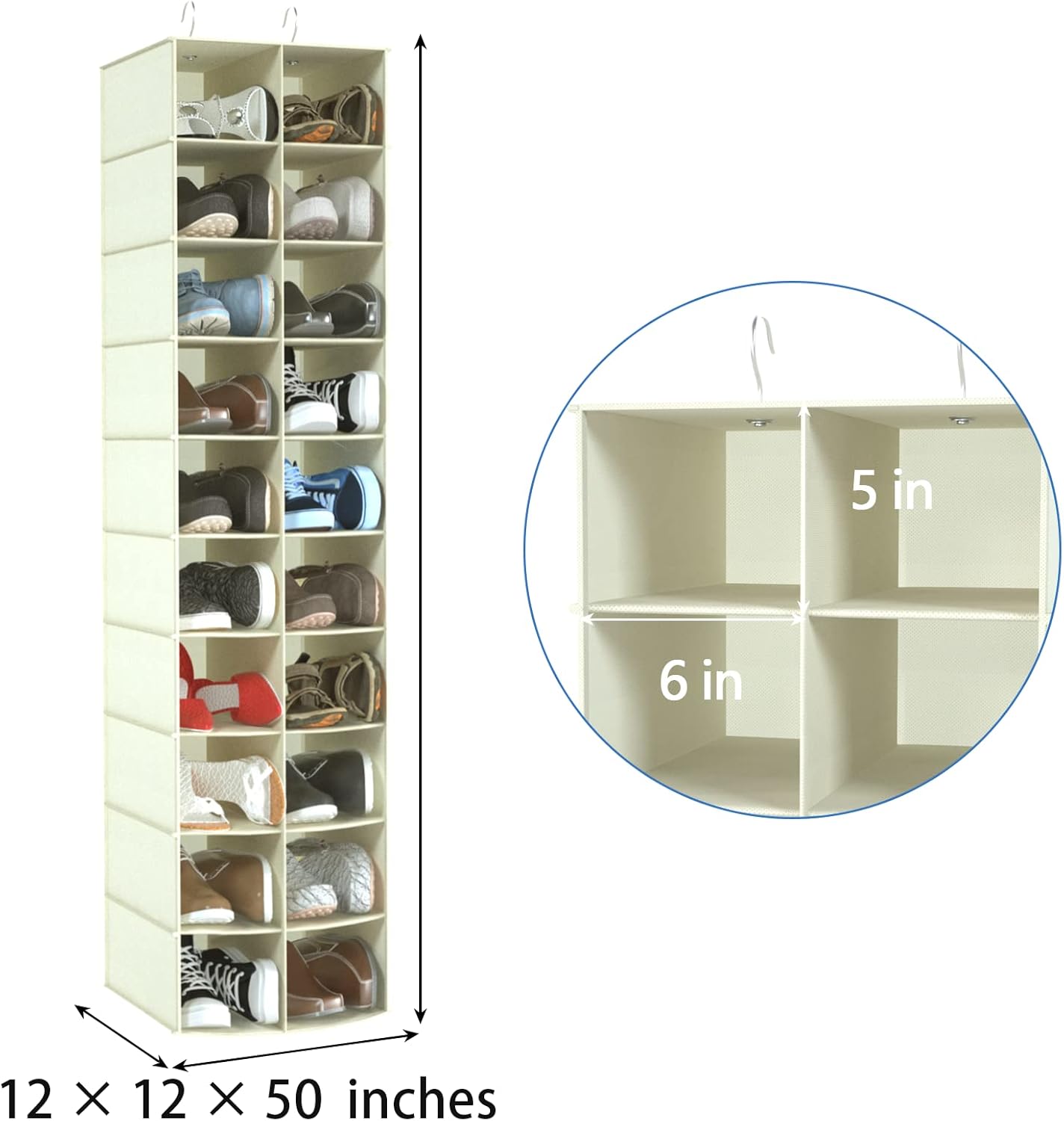 coastal rose Hanging Shoe Organizer for Closet, 20 Sections Hanging Closet Organizers and Storage Shelves, Space Saving Shoe Storage Rack Holder, Beige, 12''W×12''Dx 50''H