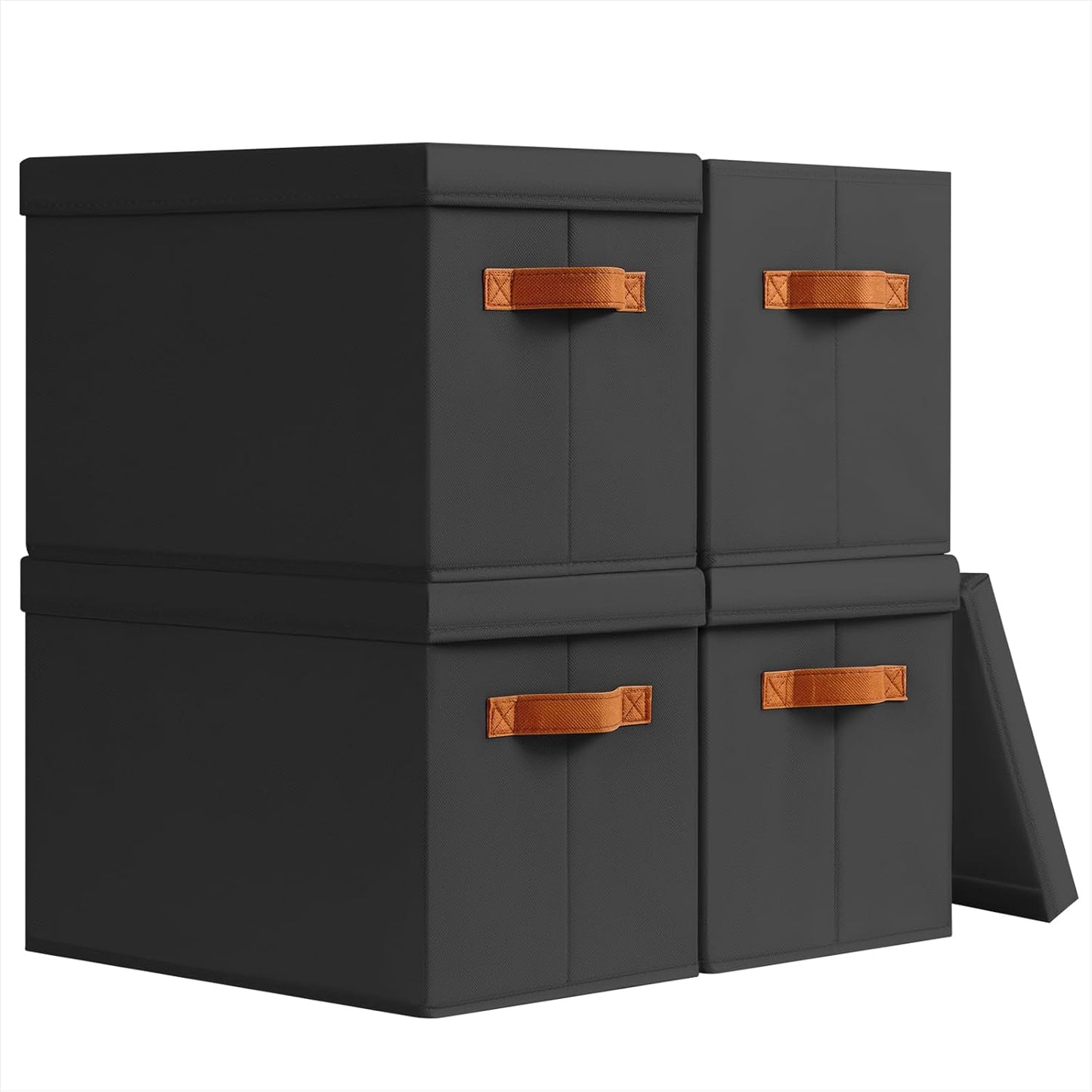 Storage Bins with Lids - Fabric Storage Baskets for Shelves, 4 Pack Foldable Decorative Boxes with Handles, Stackable Organizer Bins for Home, Nursery, Dorm, Black