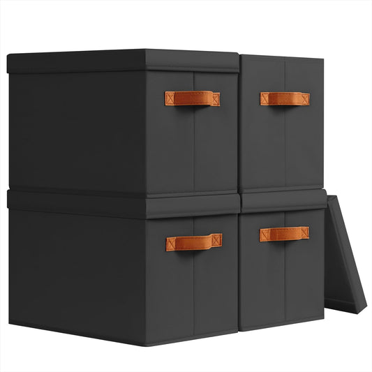 Storage Bins with Lids - Fabric Storage Baskets for Shelves, 4 Pack Foldable Decorative Boxes with Handles, Stackable Organizer Bins for Home, Nursery, Dorm, Black