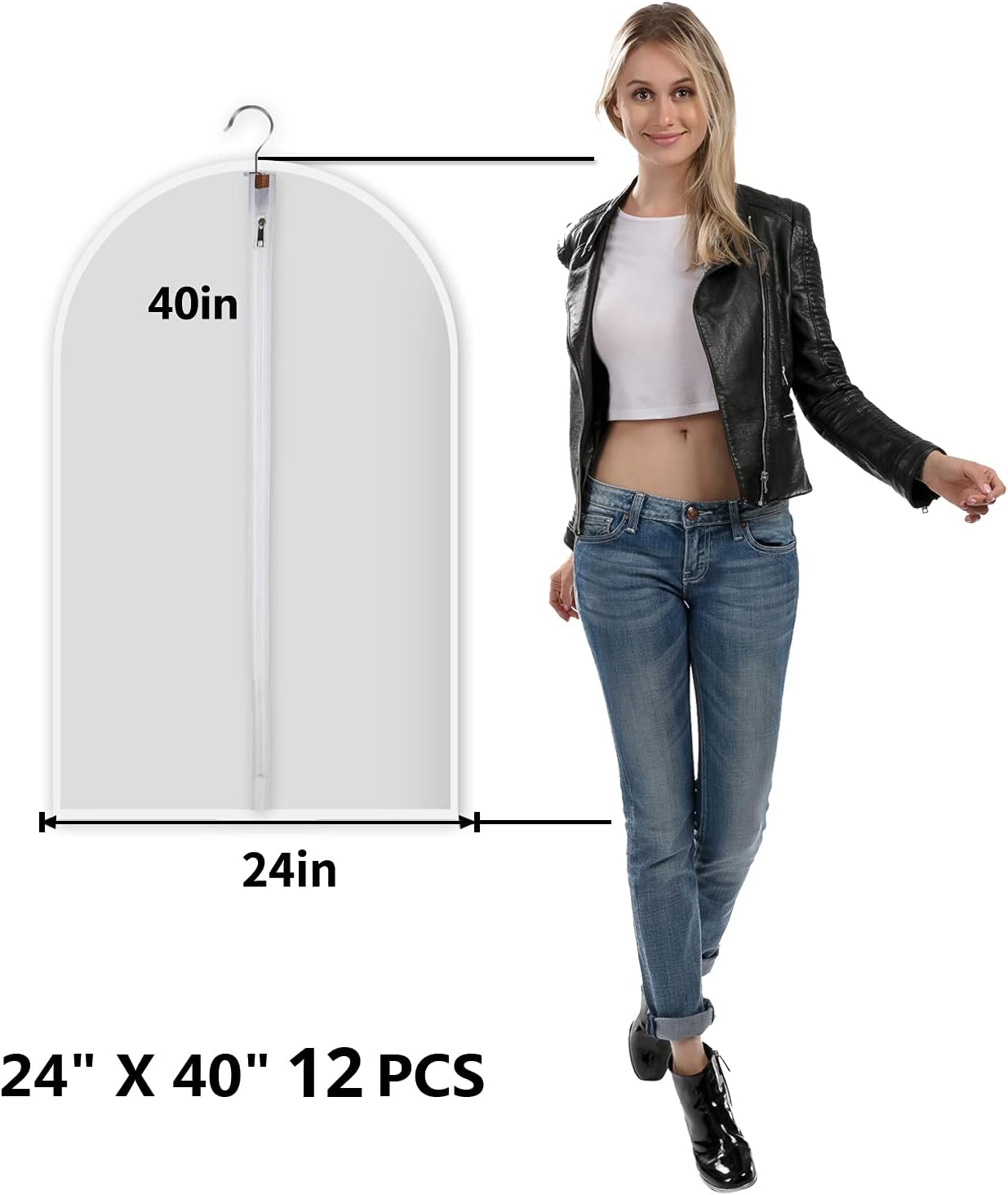 Clear Garment Bags Clothes Covers Protecting Dusts (Set of 12) for Storage Plastic Garment Bags Hanging Clothes Bags Dress Bag for Gowns Long with Zipper for Closet - 24'' x 40''/12 Pack