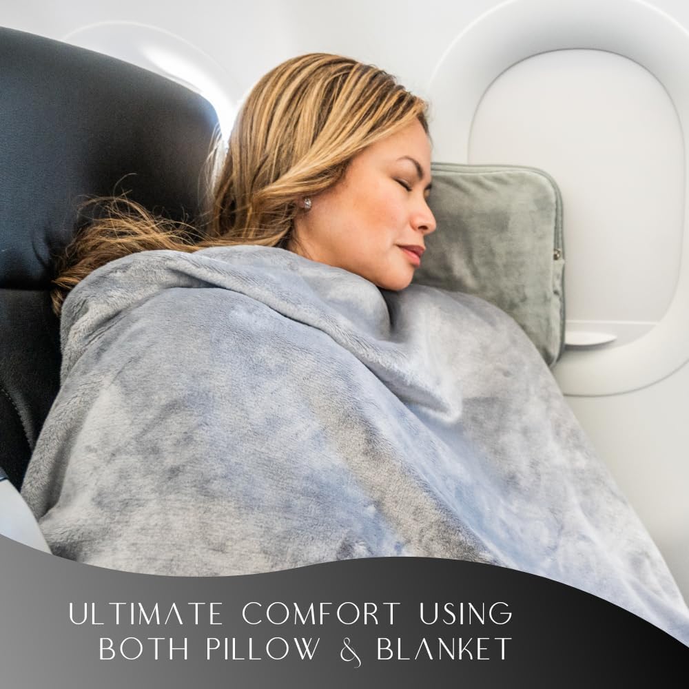 Travel Pillow and Blanket Set - 4-in-1 Ultimate Travel Kit with Memory Foam Pillow, Travel Blanket, Sleep Mask, and Earplugs-Ultimate Comfort and Coziness for Your Journeys - Grey