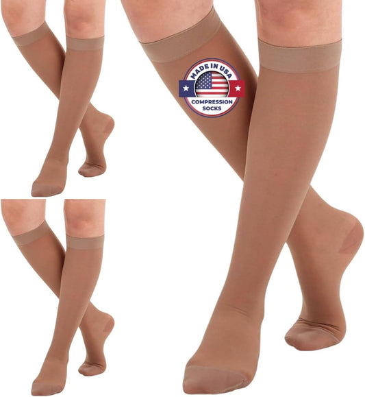 (3 Pairs - Closed Toe) Made in USA - Sheer Compression Socks for Women 15-20mmHg - Compression Stockings for Varicose Veins Circulation, Thrombosis, Embolism - Beige, Medium - A101BE2-3