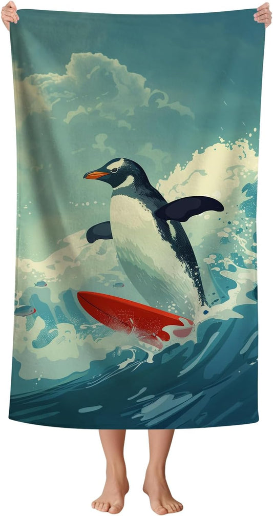 WZOMT Microfiber Penguin Beach Towel Oversized, Cute Penguin Surfing Ocean Animal Blue Bath Towels for Adults Kids, Soft Quick Dry Absorbent Sandproof Travel Swim Pool Towels 32x52 Inch