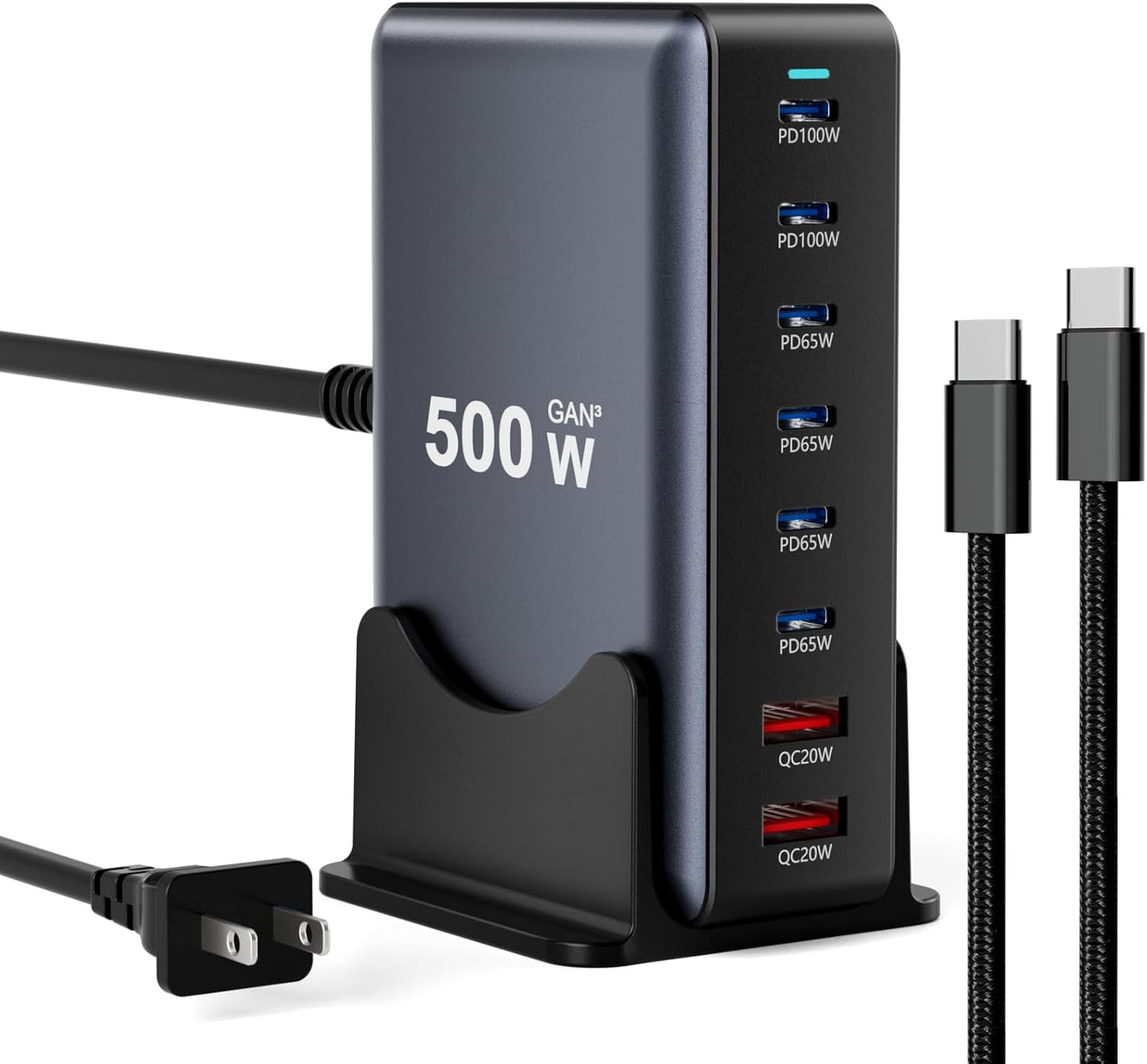 500W Fast Charging 8 Port USB C Charger Block with Nylon Fast Charging Cable, Multi-Device Charging Station Wall Desktop Charger with GaN Ⅲ Technology, USB-C Charger Adapter for MacBook/iPad/iPhone 16