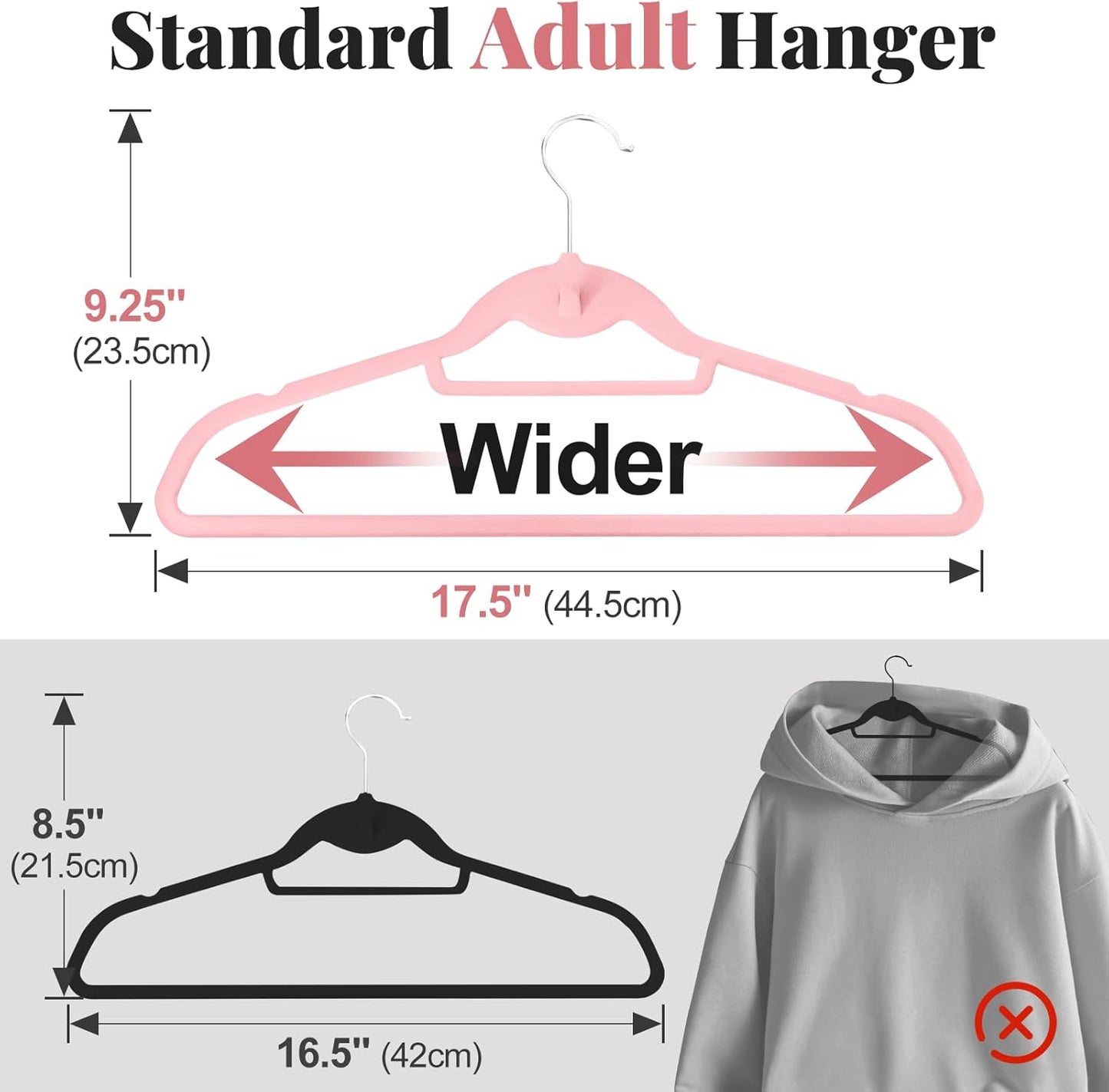 Velvet Felt Stackable Hangers 50 Pack, Non Slip, with 360°Swivel Hook, Ultra Thin and Space Saving for Suits, Shirts, Coats, 15Lbs Capacity Heavy Duty, Pink