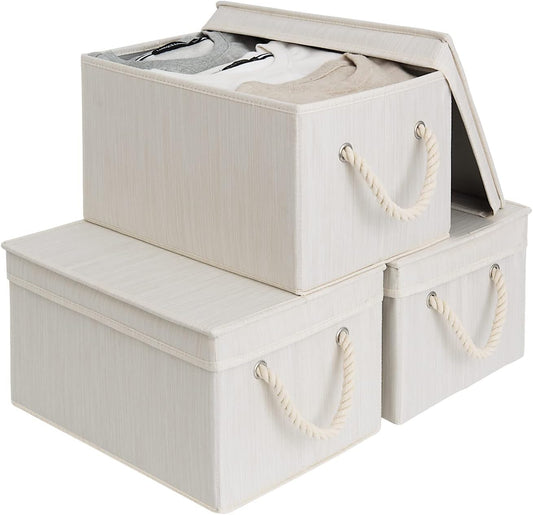 StorageWorks Storage Bins with Lids, Decorative Storage Boxes with Lid and Soft Rope Handles, Foldable Storage Baskets for Closet, Shelves, Stackable, 3-Pack, Ivory and White, Large