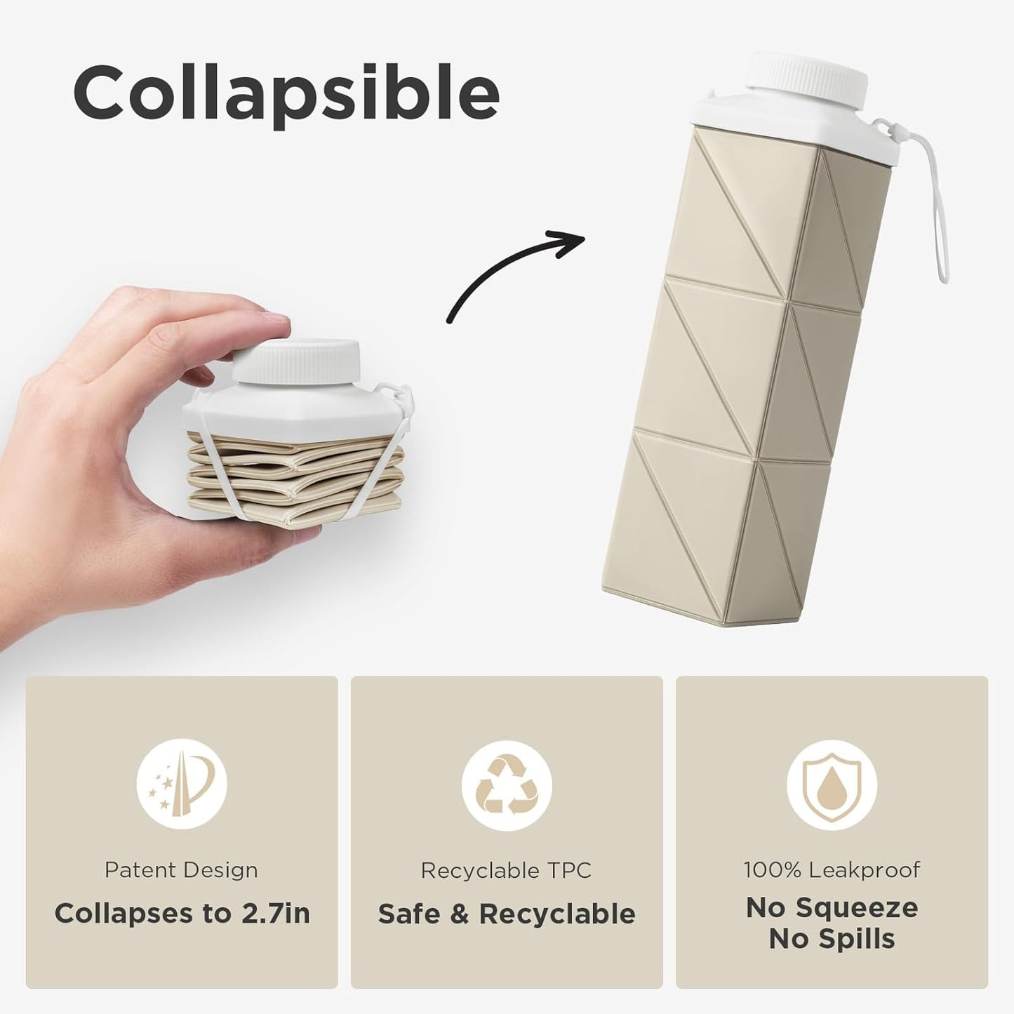 POMKAKA Collapsible Water Bottles 24.3oz(720ml), 2nd Generation Leakproof BPA-Free Travel Water Bottle,Lightweight Reusable Water bottle for Cycling Gym Camping Sports,Champagne White