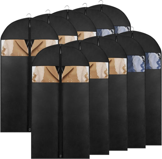 10 Pack - Moucas 43" Black Garment Bag, Mens Suit Bags for Closet Storage and Travel, Garment Bags for Hanging Clothes, Suit Cover Bags with Zipper for Coats, Jackets, Shirts